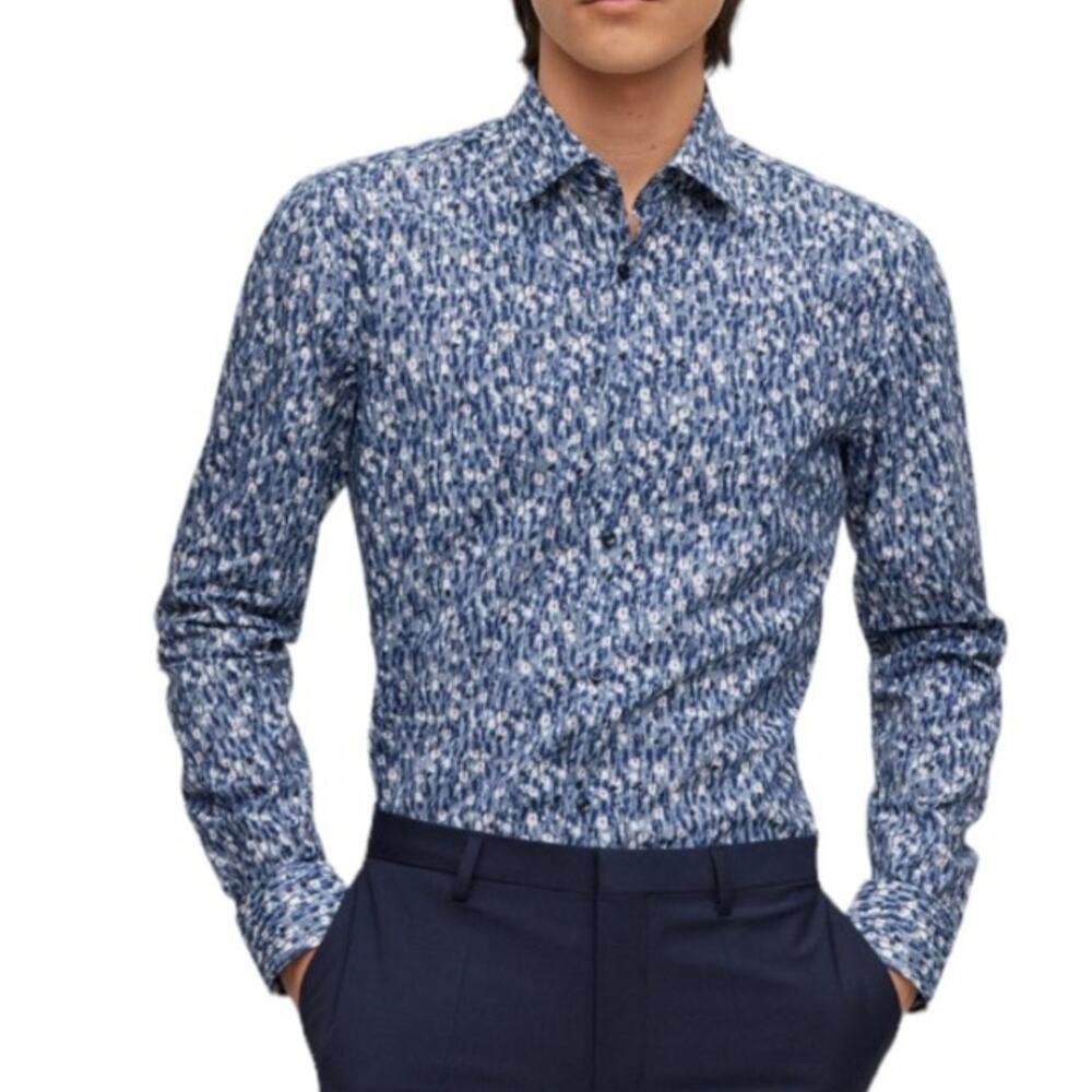 Perry Ellis Blue White Print Button Down Shirt Mens Small Cotton Dress Shirt